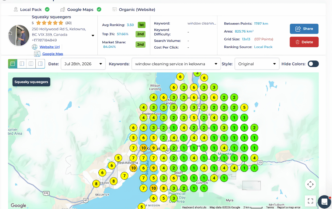 Kelowna grid map showing top 3 rankings across the city