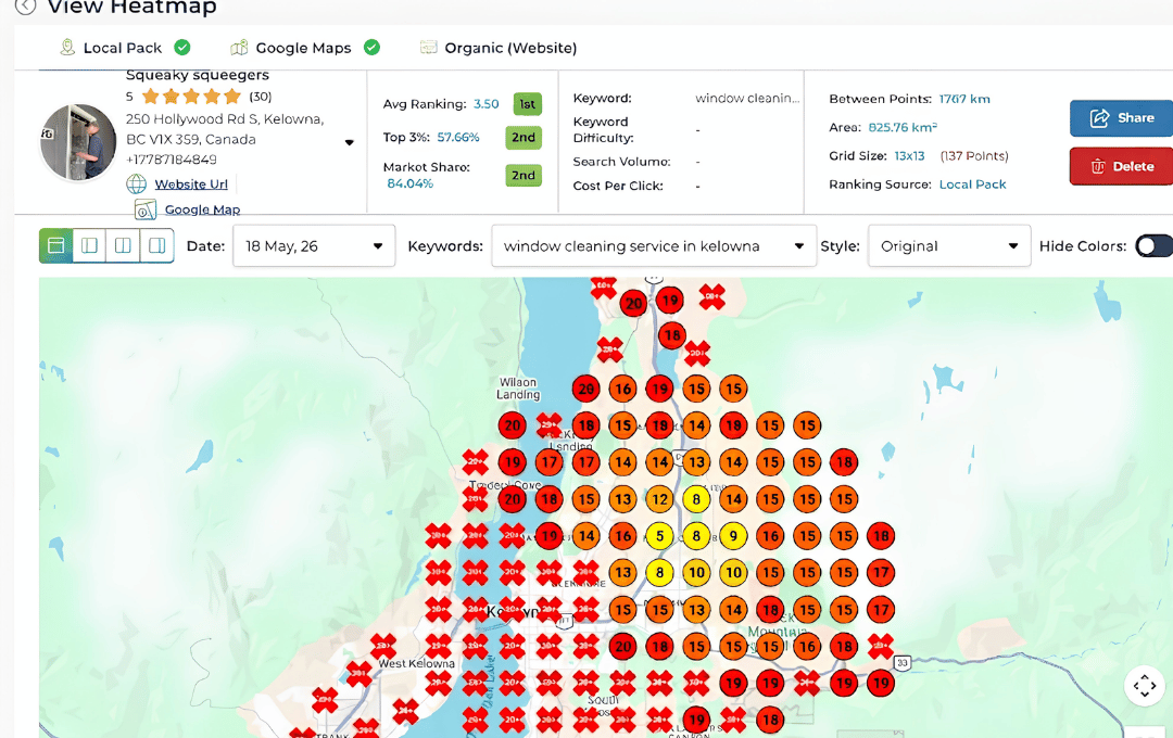 Grid map of Kelowna showing Squeaky Squeegers ranking nowhere in local results