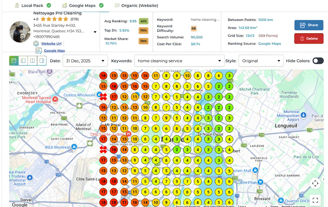 Montreal grid map showing top 3 rankings across the city