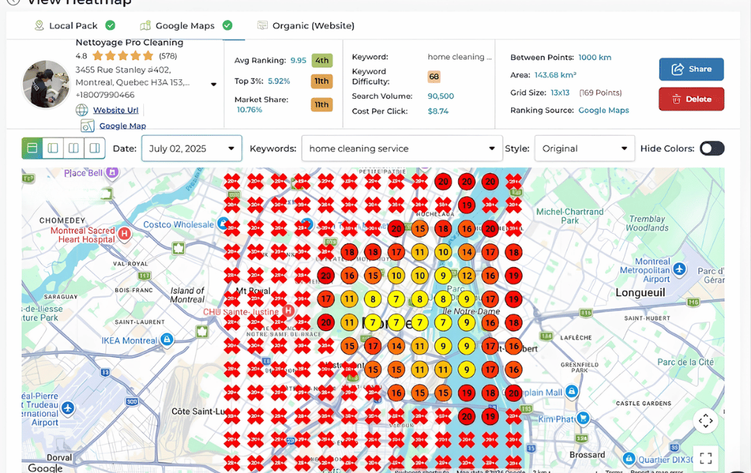 Montreal grid map dominated by red markers before the campaign