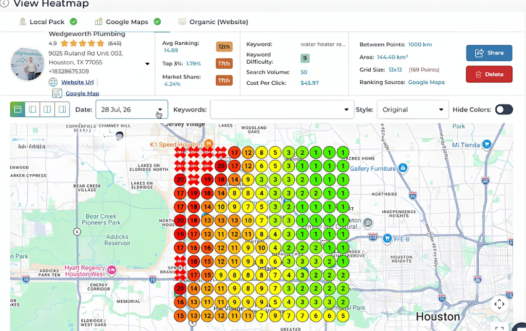 Houston grid map showing green top-3 rankings