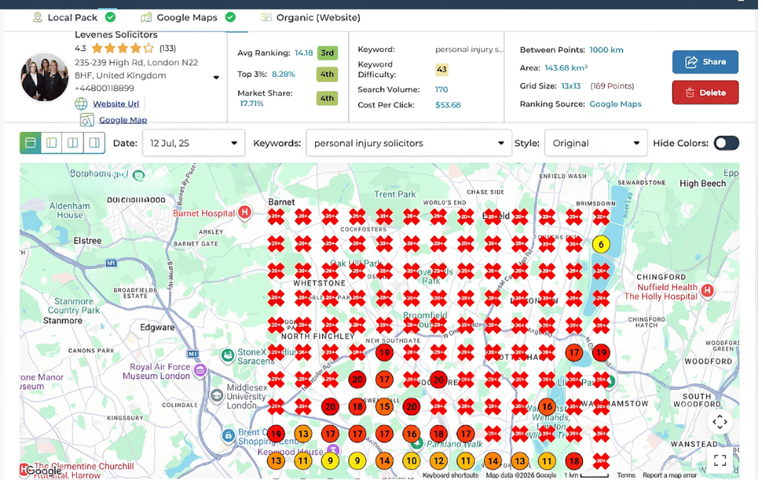 London grid map showing poor local rankings